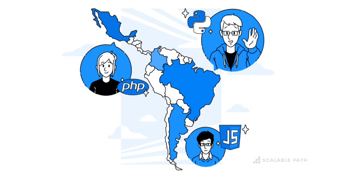 LatAm software developers with the symbols for PHP, JavaScript, and Python